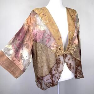 Vtg Whimsical Boho Silk Burnout Velvet Brocade Kimono Jacket Brown Size L Fairy